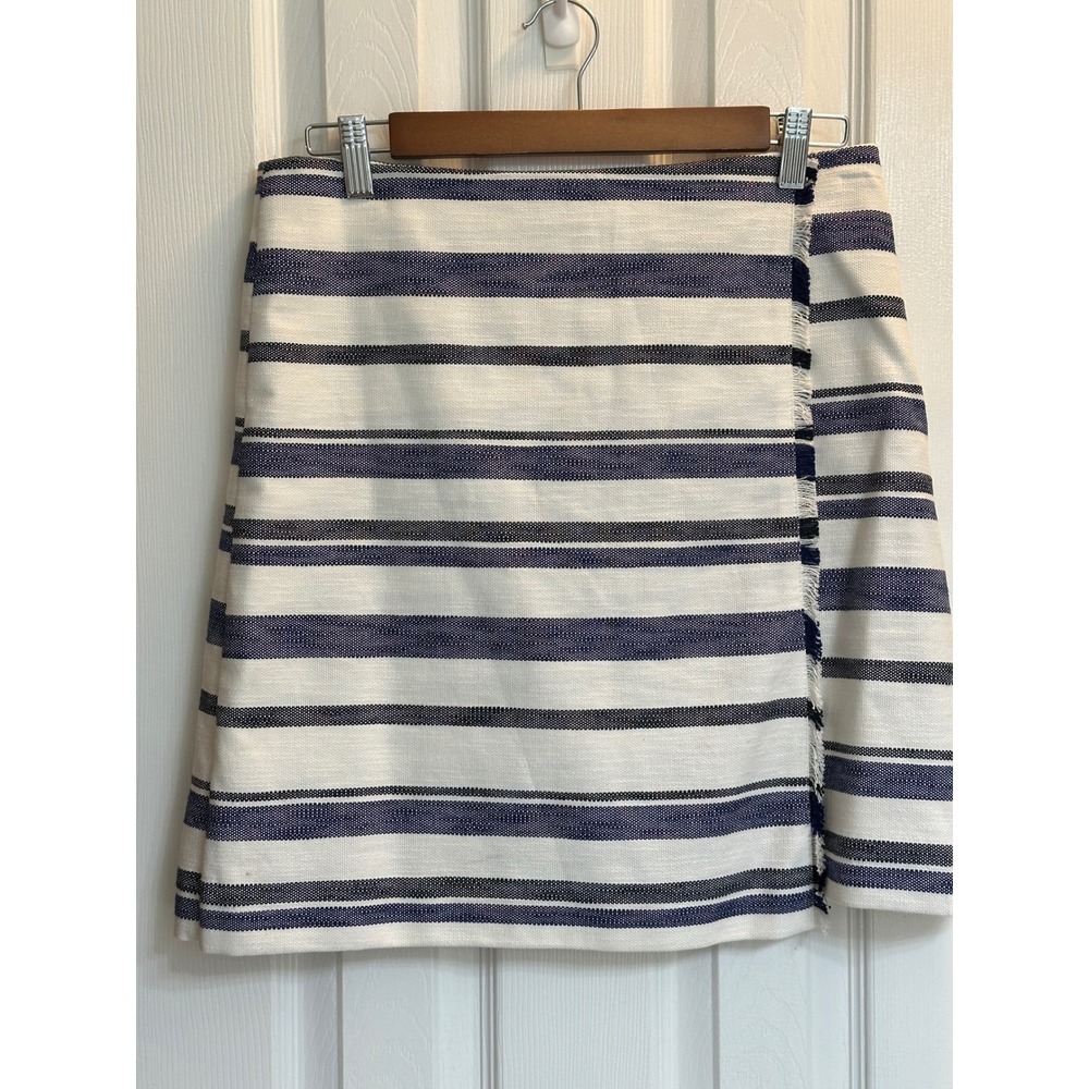 Ann Taylor LOFT Navy Blue White Striped Faux Wrap Fringe Mini Skirt Size 8